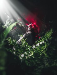 Dramatic portrait of a curious pheasant bird nestled among lush green ferns with ethereal sun rays and dark background