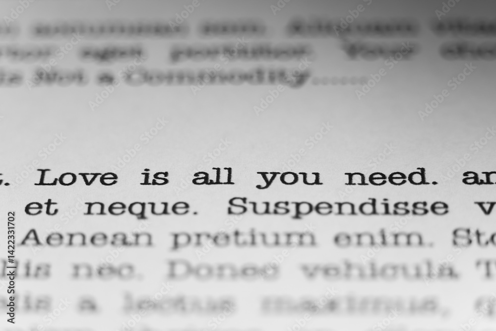 Fototapete love is all you need. text printed on a page. a piece of paper with a phrase written in retro typewr