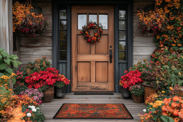 Naklejka premium Door with fall decor and doormat