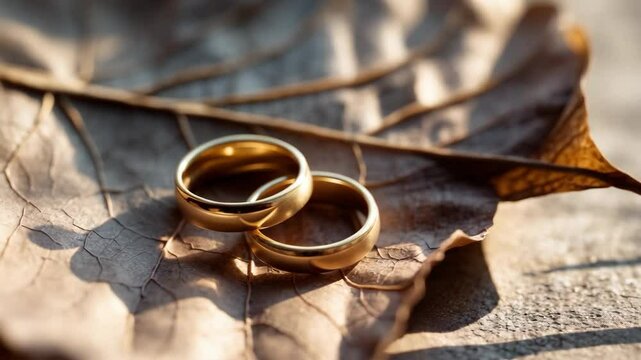 Two wedding rings on weathered leaves