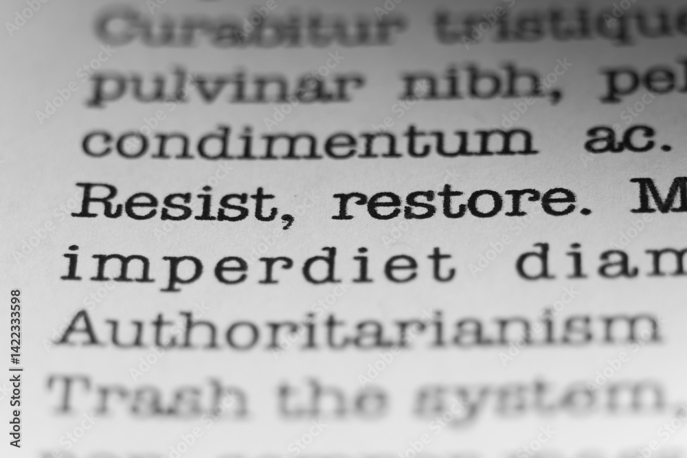 Fototapete resist, restore. text printed on a page. a piece of paper with a phrase written in retro typewriter 