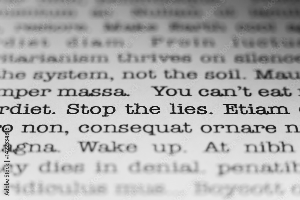 Fototapete stop the lies. text printed on a page. a piece of paper with a phrase written in retro typewriter fo