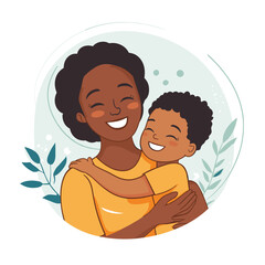 black happy mommy hugs her baby flat vector illustration. AI generation
