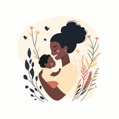 black happy mommy hugs her baby flat vector illustration. AI generation