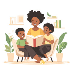 black happy mommy read book for her baby flat vector illustration. AI generation