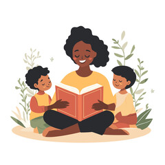black happy mommy read book for her baby flat vector illustration. AI generation