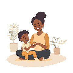 black happy mommy play with her baby flat vector illustration. AI generation