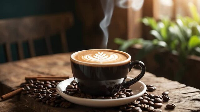 Cup of steaming black coffee alongside coffee beans and cinnamon stock videos.