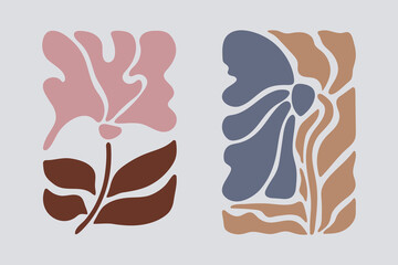 Hand drawn abstract posters with flowers and leaves. Wall art.