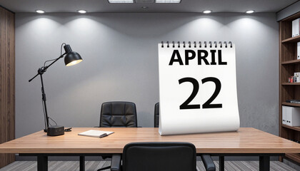 Desk calendar showing April 22 in an office setting