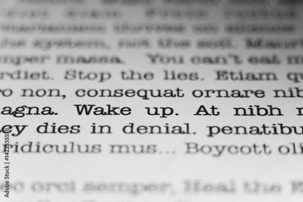 Fototapete wake up. text printed on a page. a piece of paper with a phrase written in retro typewriter font.