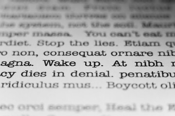 Wake up. Text printed on a page. A piece of paper with a phrase written in retro typewriter font.