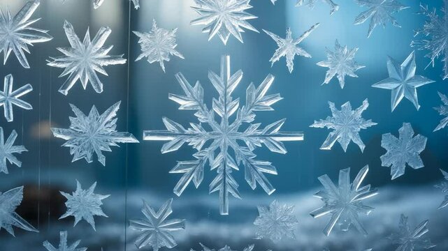 Frosty snowflake patterns on glass. Vibrant ice crystal textures on window. Icy surface, snowflake creation.