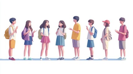 Obraz premium Line of young people standing and talking, flat cartoon character set isolated on white background