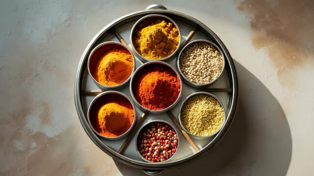 Round spice box featuring seven compartments on a wooden table.