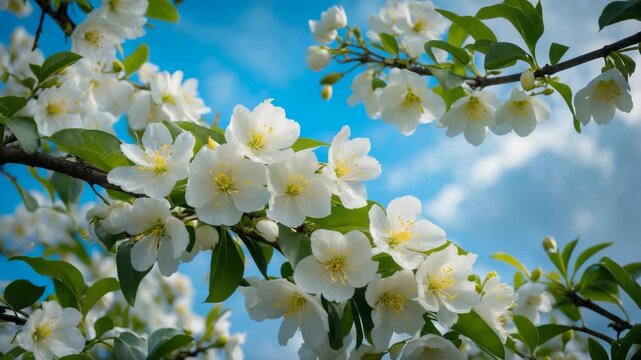 Pyrus communis showcases white blossoms set against a blue sky background.