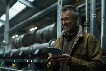 Naklejka premium Smiling industrial engineer holding tablet in dark manufacturing plant. Technology and industry concept. 