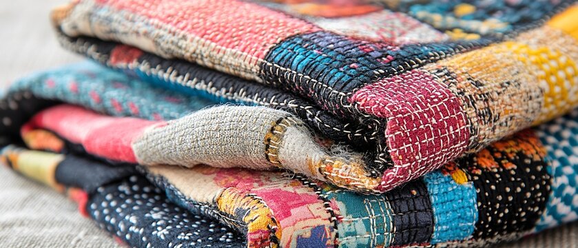 Colorful patchwork blankets folded, showcasing vibrant hues and intricate stitching - Powered by Adobe