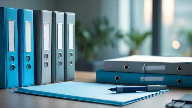 Office supplies, documentation, business, educational concept - close-up of files and ring binders with a highlighter pen.