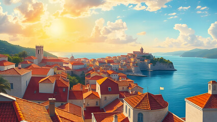 A cozy little town with red tiled roofs of houses on the shore of the azure sea.