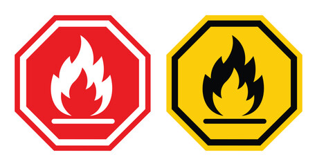 Side-by-side octagonal flammable hazard signs: red/white and yellow/black flames. Bold symbols, contrasting colors, symmetrical design. Clean vector illustration for safety, caution themes. Minimalist