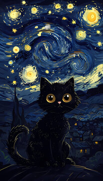 Black cat sitting against swirling starry night sky in post impressionist oil painting style illustration