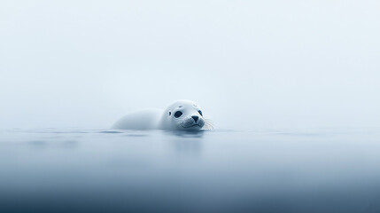   A white seal bobbing atop a hazy lake