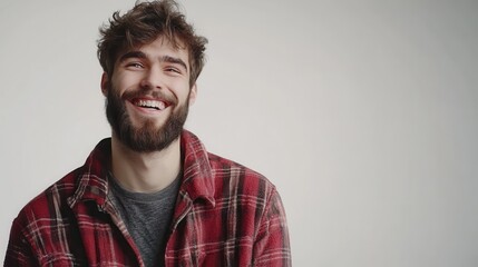 Fototapeta premium Smiling bearded young male model rejoices coming weekends, dressed casually, isolated over white background. Positive pleased student being in good mood after successfully passed exams at college