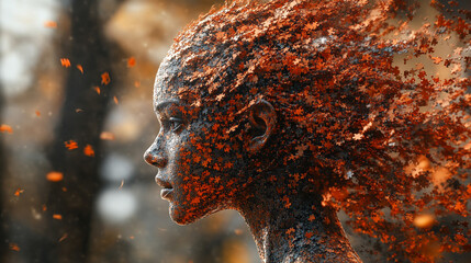 A female head disintegrates into puzzle pieces suspended in midair symbolizing the complexity of identity mental fragmentation cognitive overload and the search for inner clarity

