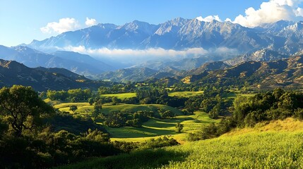 Obraz premium A stunning landscape featuring rolling hills, lush greenery, and majestic mountains under a bright blue sky, creating a serene and picturesque natural scene.