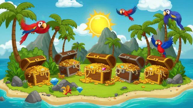 Animated Island Scene with Open Treasure Chests Sparkling Gold and Colorful Parrots Flying Under Bright Sunlight