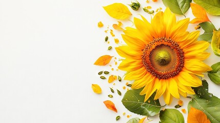  A sunflower on a white background, surrounded by green petals and leaves
