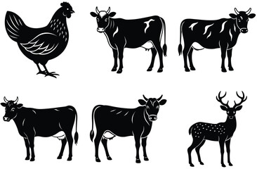 This farm animals collection vector illustration showcases a silhouette set of various animals like horse, cow, dog, sheep, goat, and pig, representing common farm mammals and pets