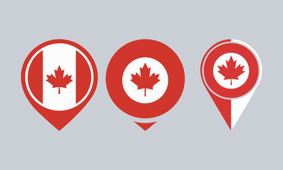 Canada Flag Map Pointer Icon Set, Set of Canadian flag map pointers with maple leaf icon, red and white vector location markers for Canada 

