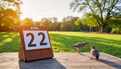 Calendar date April 22 with birds in sunny park