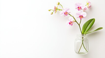   A white table holds a green leafy plant next to a pink-filled vase