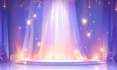 幻想的な光と星輝く舞台カーテンの背景 紫とピンク色のグラデーション照明が華やかさを演出