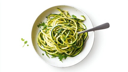  Zucchini noodles in a white bowl atop a white table, garnished with parsley and served with a spoon