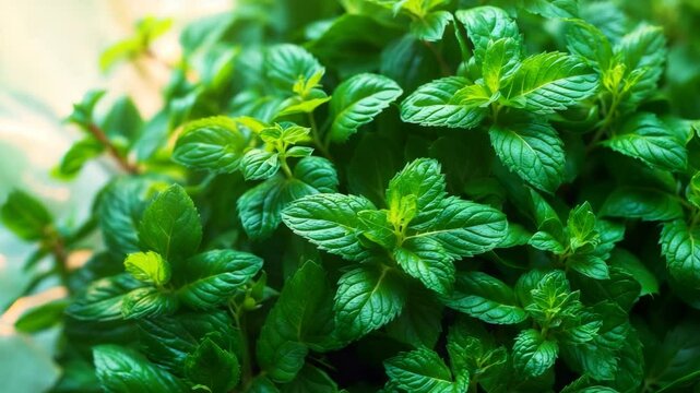 Mint foliage pattern. Detailed view of a thriving green plant background.