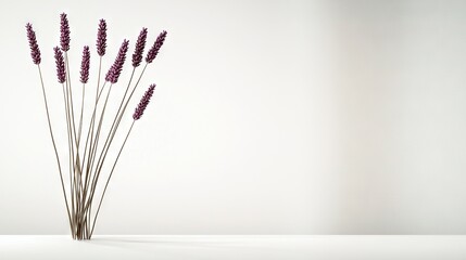  A vase holding purple flowers sits atop a white-topped table