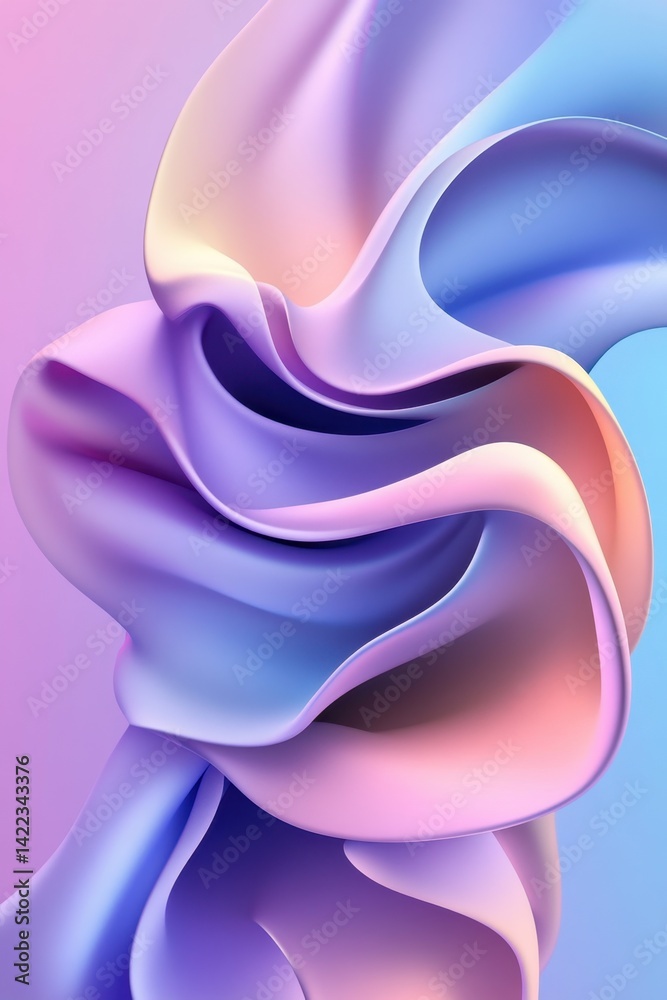 Poster abstract pastel gradient flow with smooth curves and folds in a dynamic swirl pattern creating a sof