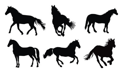 Set of Horse Silhouettes – Galloping, Rearing, Running, Jumping, and Trotting Horses – Vector illustration Side View on White Background