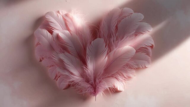 Heart of pink feathers on a backdrop.