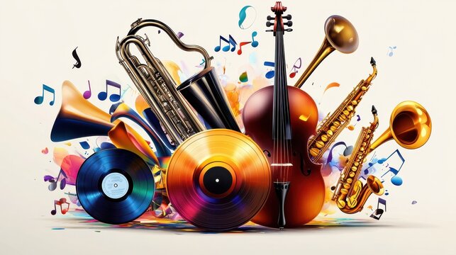Music background with colorful music instruments and vinyl record disc vector illustration. Music festival poster with double bell euphonium, violoncello, trumpet, piano, euphonium, sax and guitar