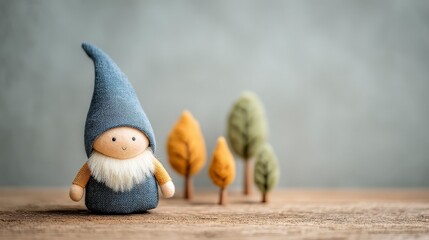Cute Autumn Gnome Figurine with Miniature Trees on Wooden Table
