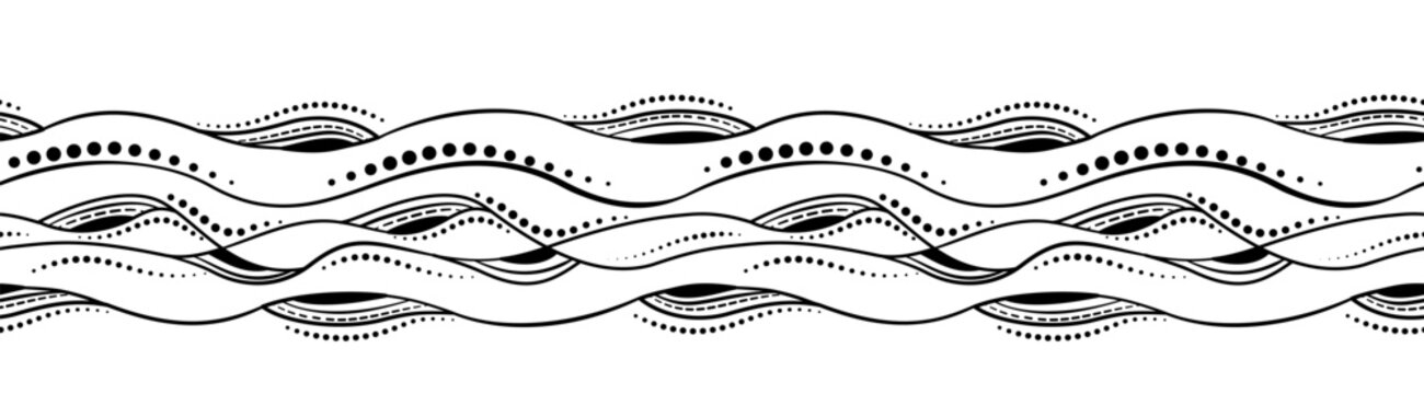 Monochrome abstract seamless border. Black white vector illustration. Zentangle style design. Randomly black curved lines and circles on white background. Unusual decorative design elements