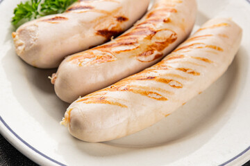 White sausage grill Bockwurst pork meat Bratwurst food dish organic product fresh tasty gourmet...
