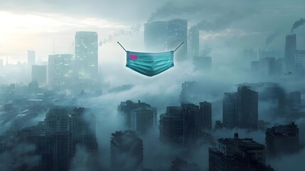 A surreal cityscape featuring a floating medical mask amidst a foggy urban environment, symbolizing health concerns and pollution.