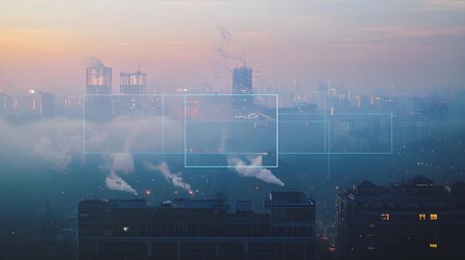 Obraz premium A hazy city skyline at dusk, with smoke rising from buildings, creating a moody atmosphere filled with pollution and urban life.