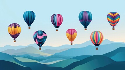 Fototapeta premium Group of hot air balloons flying on a mountain range against blue sky